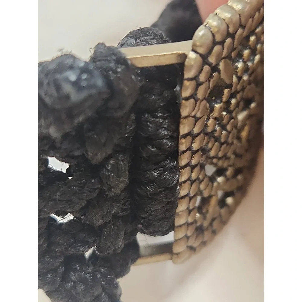 VTG 70s Black Macrame Belt Goldtone Medallion Buckle L Pls Read Below